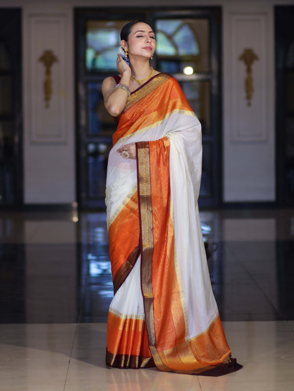 Banarasee Handloom Semi Silk Saree With Contrast Zari Border-Cream & Orange