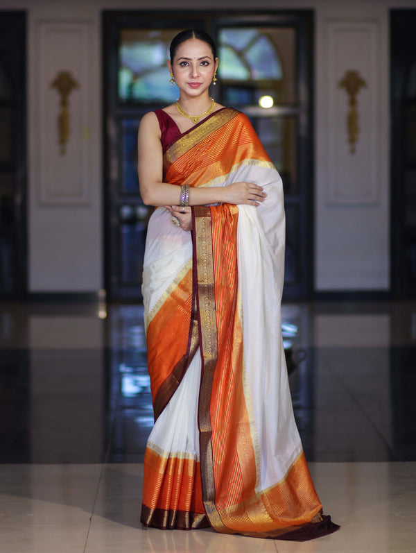 Banarasee Handloom Semi Silk Saree With Contrast Zari Border-Cream & Orange