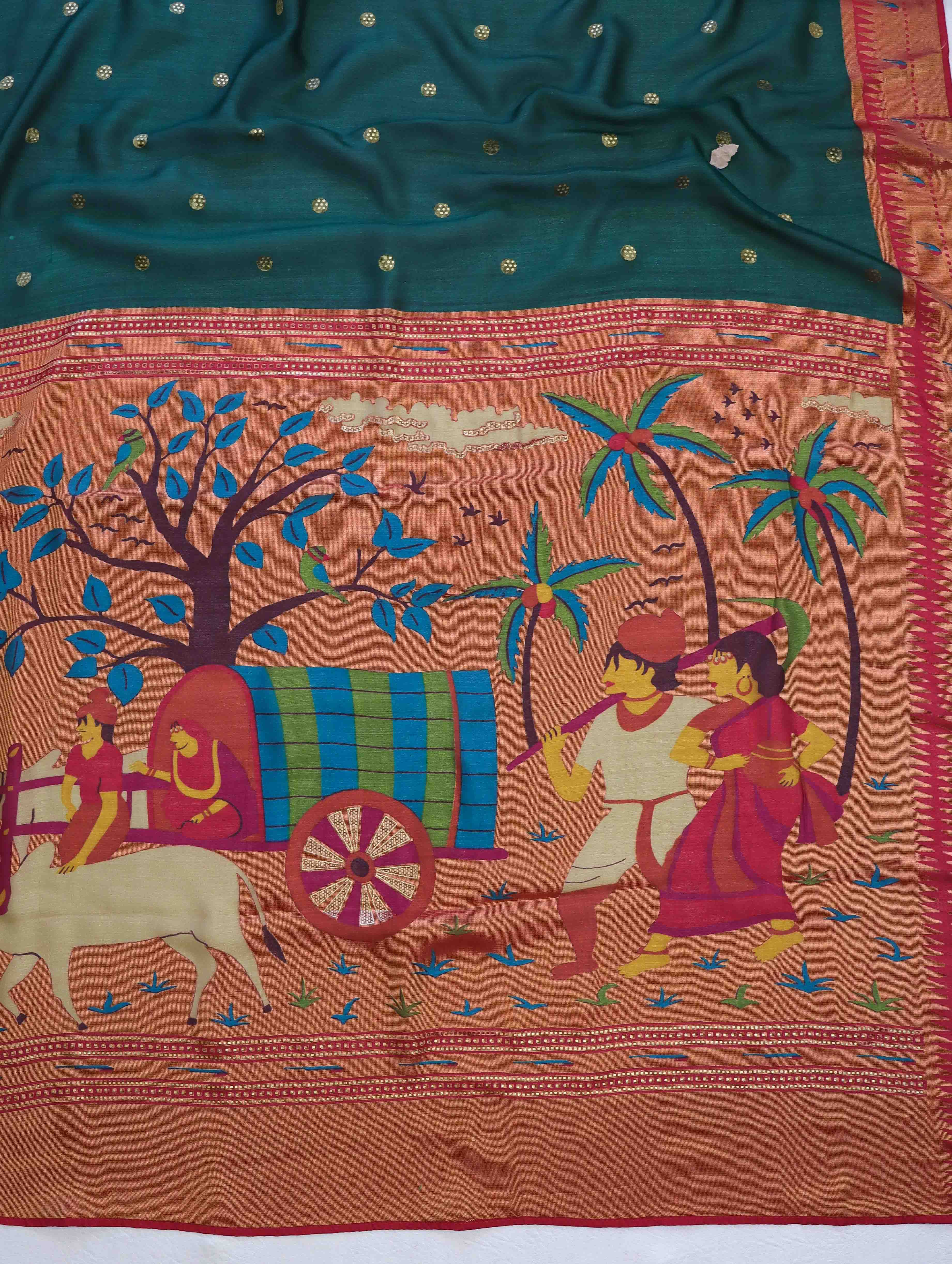 Banarasee Brasso Silk Paithani Saree With Contrast Border & Embroidered Blouse-Deep Green & Maroon