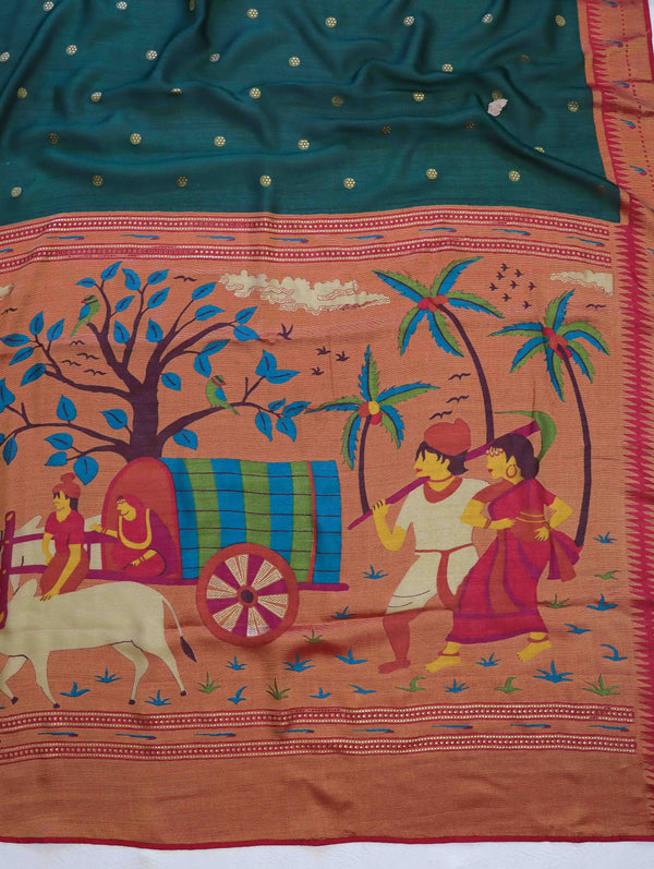 Banarasee Brasso Silk Paithani Saree With Contrast Border & Embroidered Blouse-Deep Green & Maroon