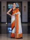 Banarasee Handloom Semi Silk Saree With Contrast Zari Border-Cream & Orange