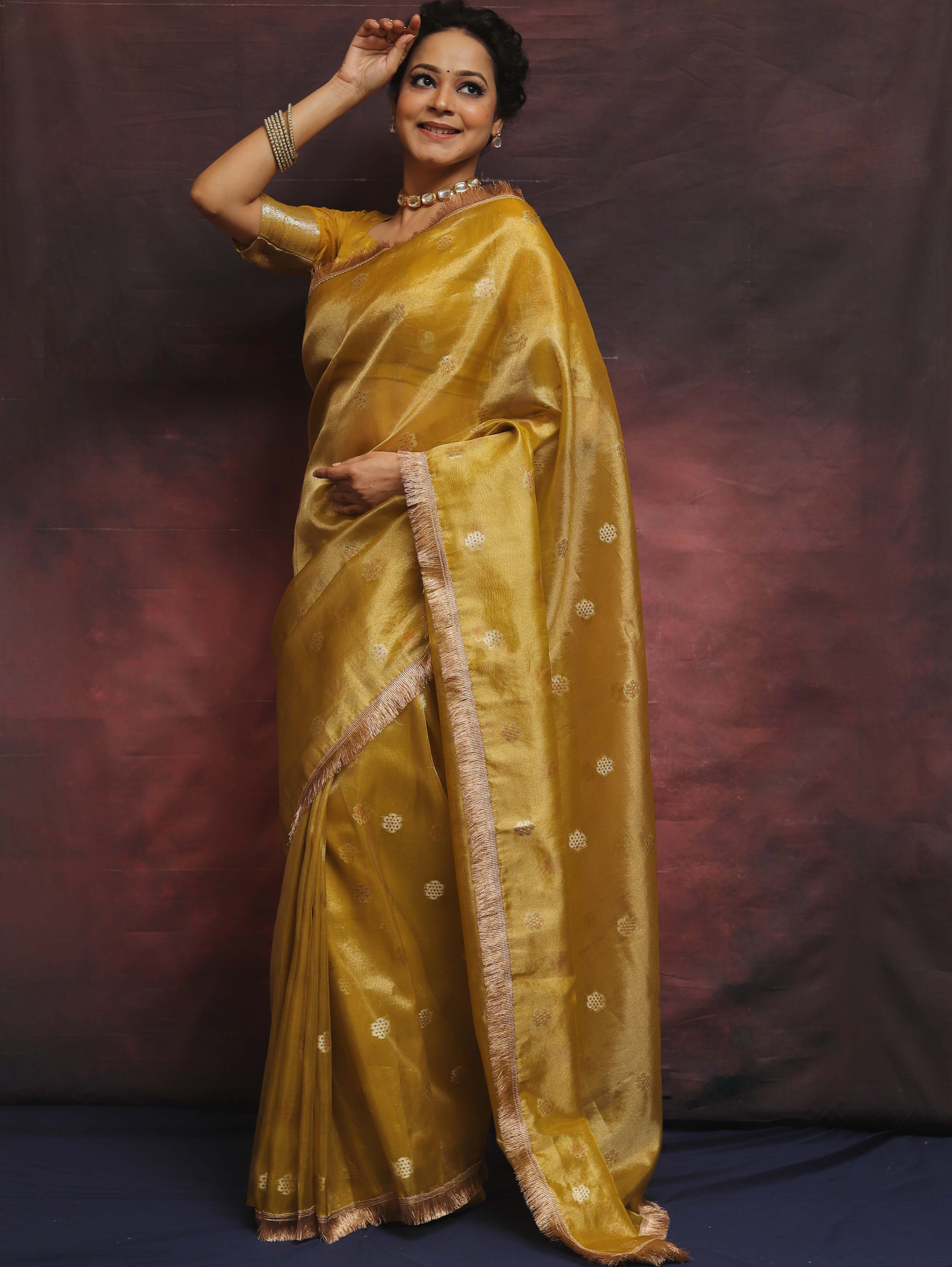 Banarasee Handwoven Tissue Saree Zari Buti With Lace-Mustard Yellow