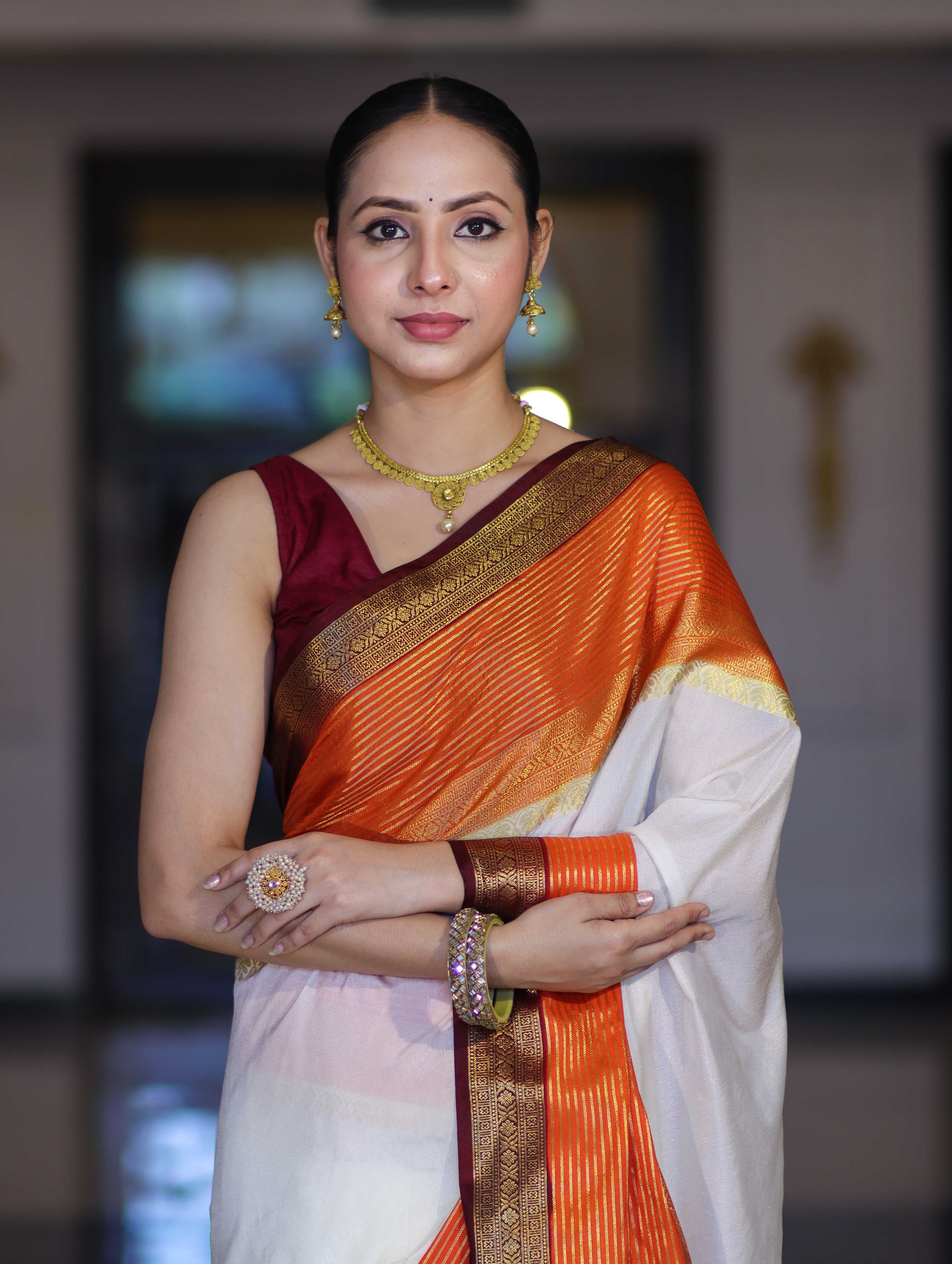 Banarasee Handloom Semi Silk Saree With Contrast Zari Border-Cream & Orange
