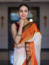 Banarasee Handloom Semi Silk Saree With Contrast Zari Border-Cream & Orange