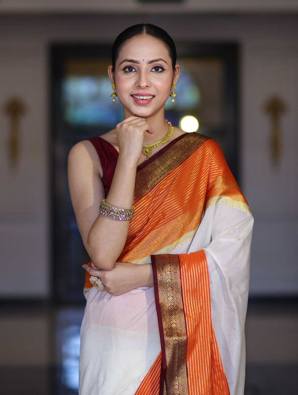 Banarasee Handloom Semi Silk Saree With Contrast Zari Border-Cream & Orange