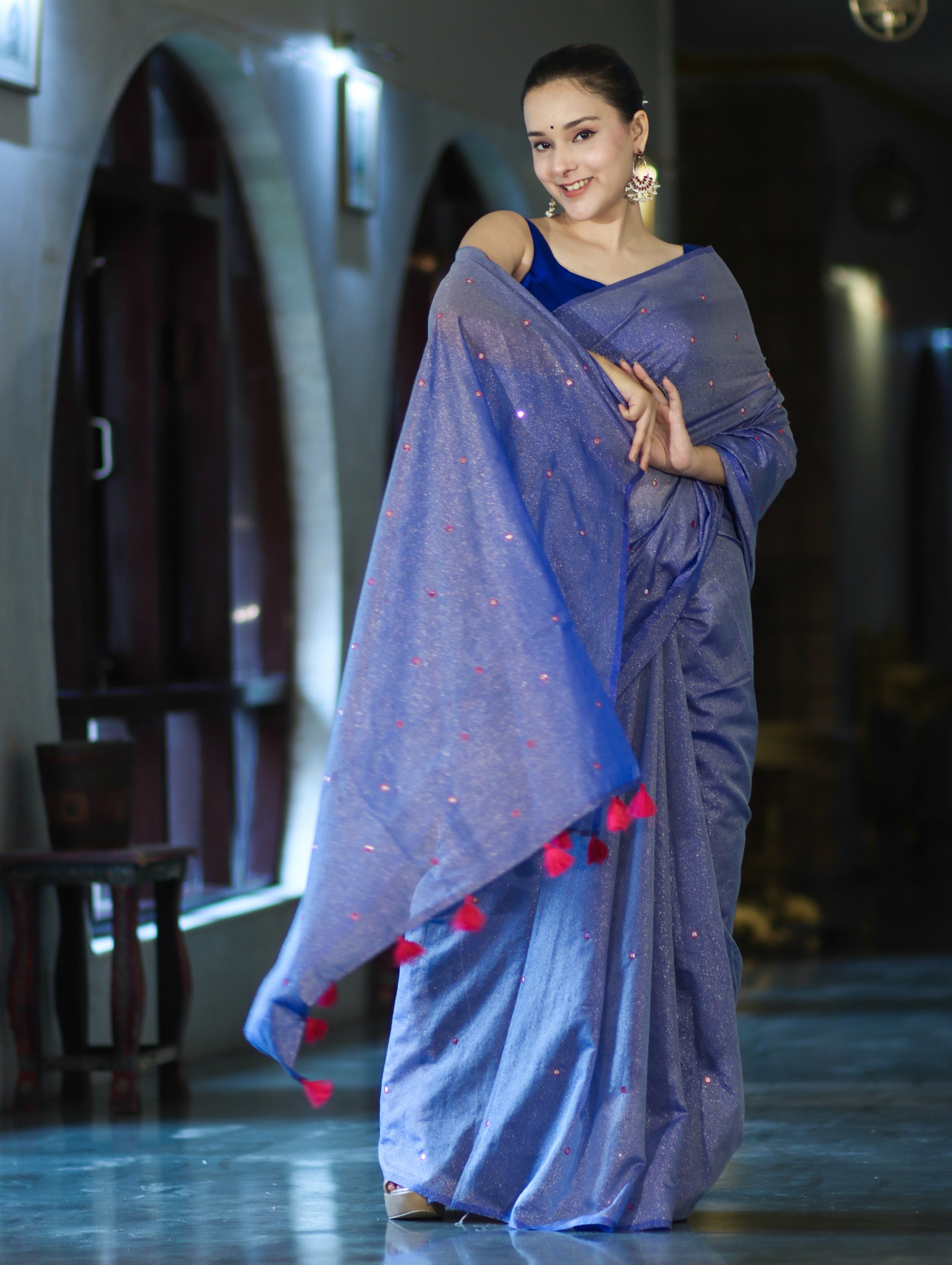 Banarasee Handwoven Semi Silk Shine Saree With Mirror Work-Blue