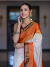 Banarasee Handloom Semi Silk Saree With Contrast Zari Border-Cream & Orange