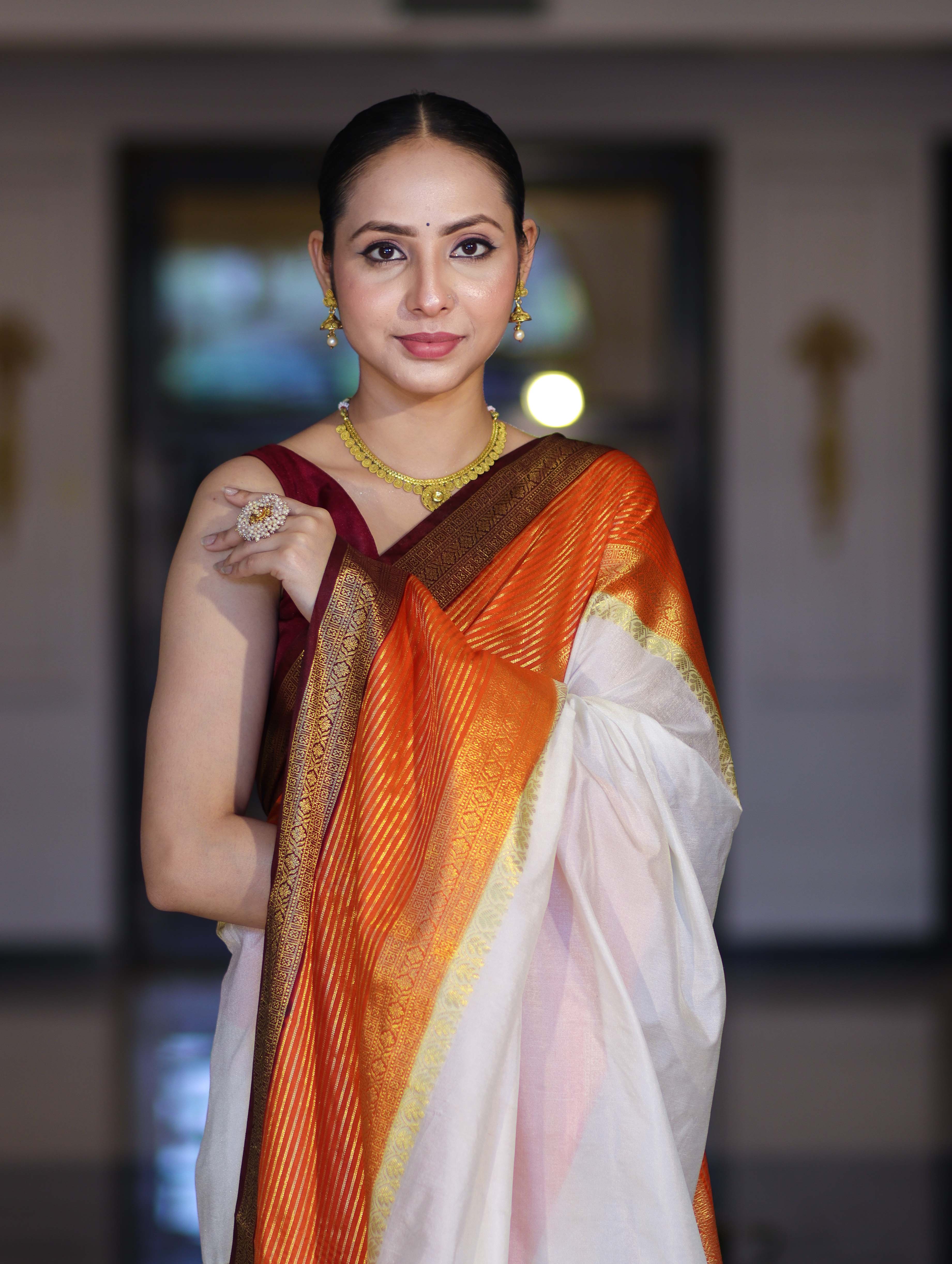 Banarasee Handloom Semi Silk Saree With Contrast Zari Border-Cream & Orange