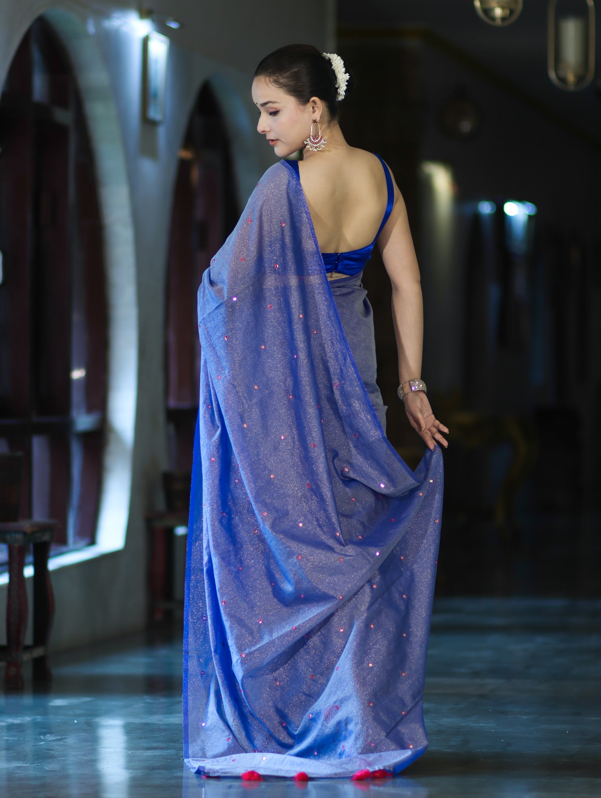 Banarasee Handwoven Semi Silk Shine Saree With Mirror Work-Blue