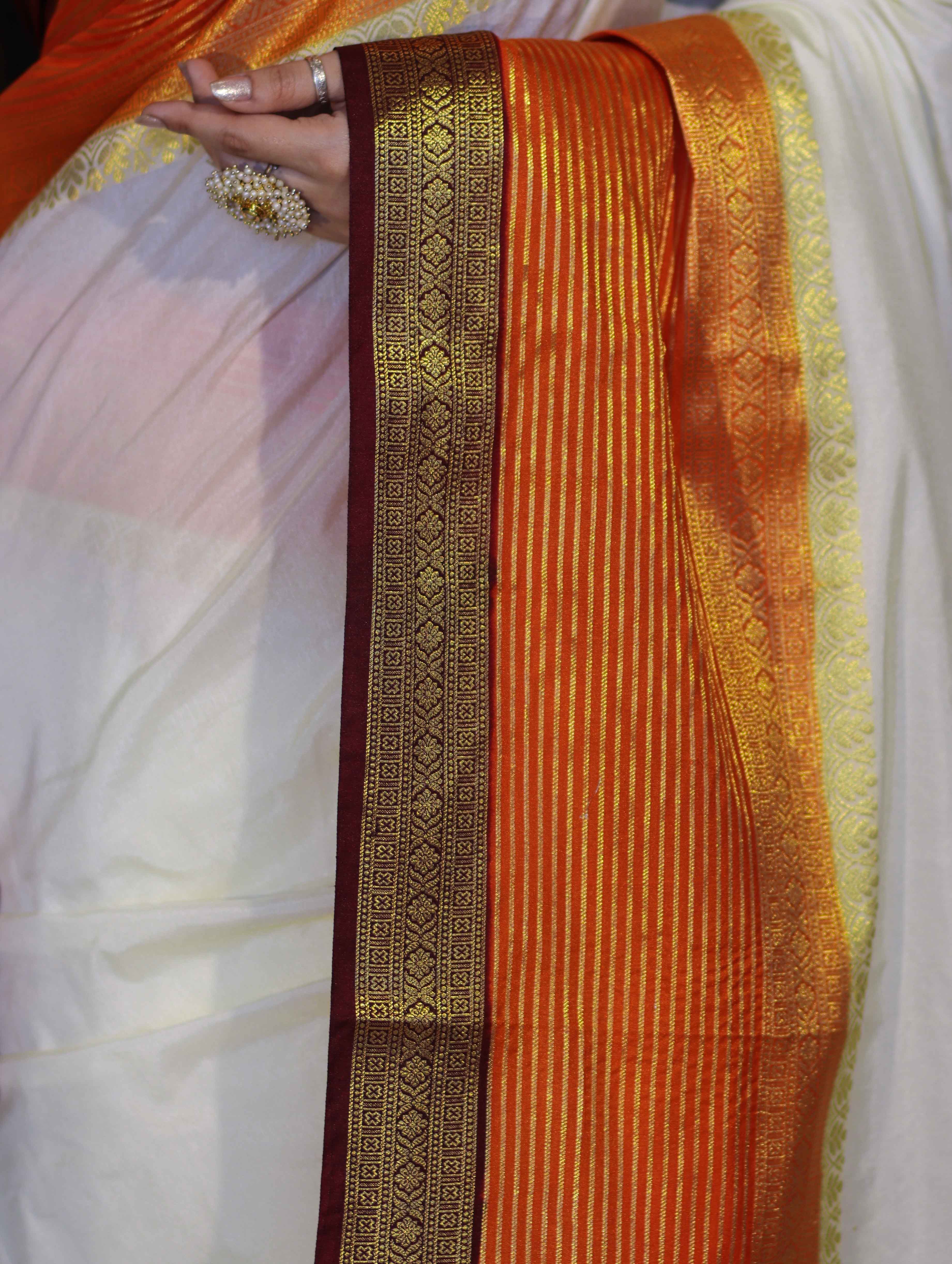 Banarasee Handloom Semi Silk Saree With Contrast Zari Border-Cream & Orange