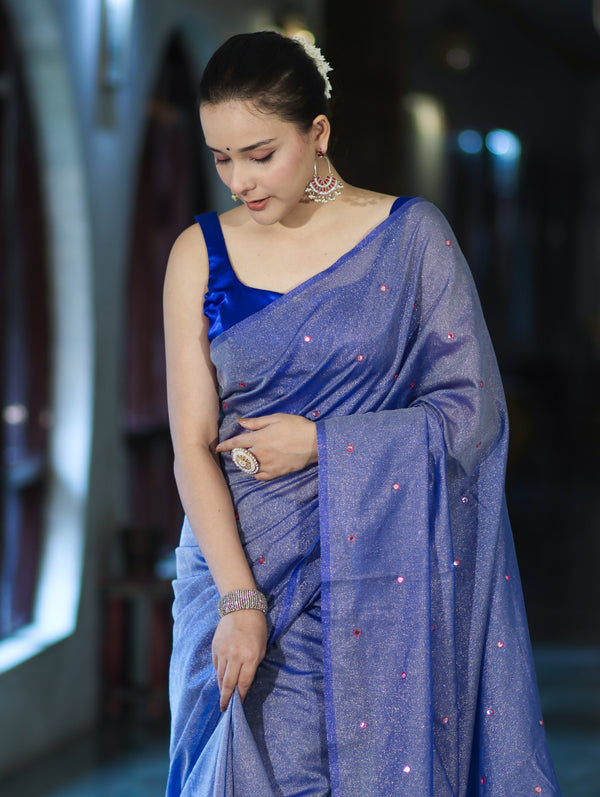 Banarasee Handwoven Semi Silk Shine Saree With Mirror Work-Blue