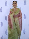 Banarasee Tissue Embroidered Salwar Kameez Fabric With Dupatta Set-Green & Pink