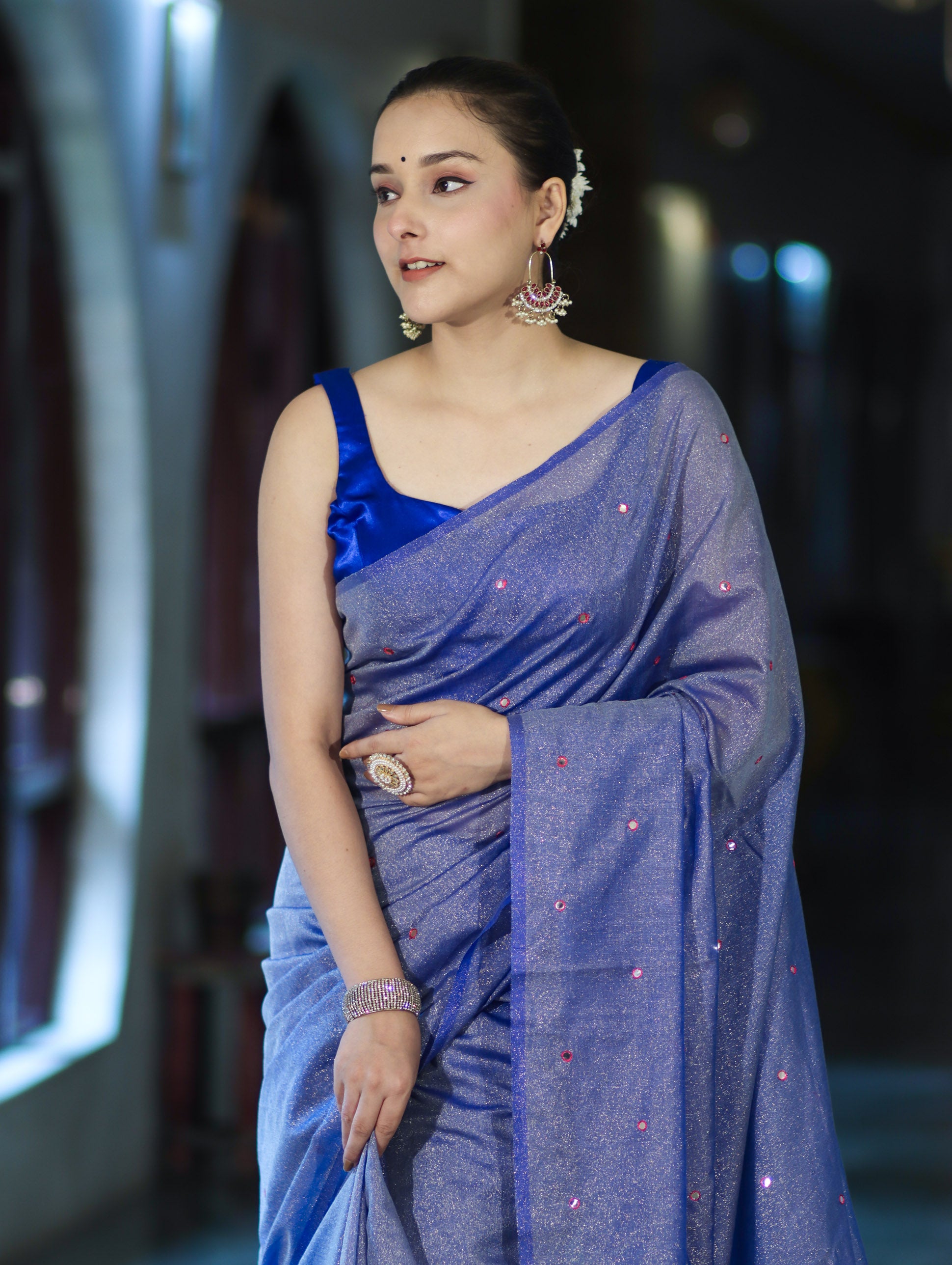 Banarasee Handwoven Semi Silk Shine Saree With Mirror Work-Blue