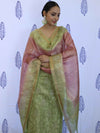 Banarasee Tissue Embroidered Salwar Kameez Fabric With Dupatta Set-Green & Pink