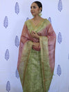 Banarasee Tissue Embroidered Salwar Kameez Fabric With Dupatta Set-Green & Pink