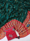 Banarasee Brasso Silk Paithani Saree With Contrast Border & Embroidered Blouse-Deep Green & Maroon