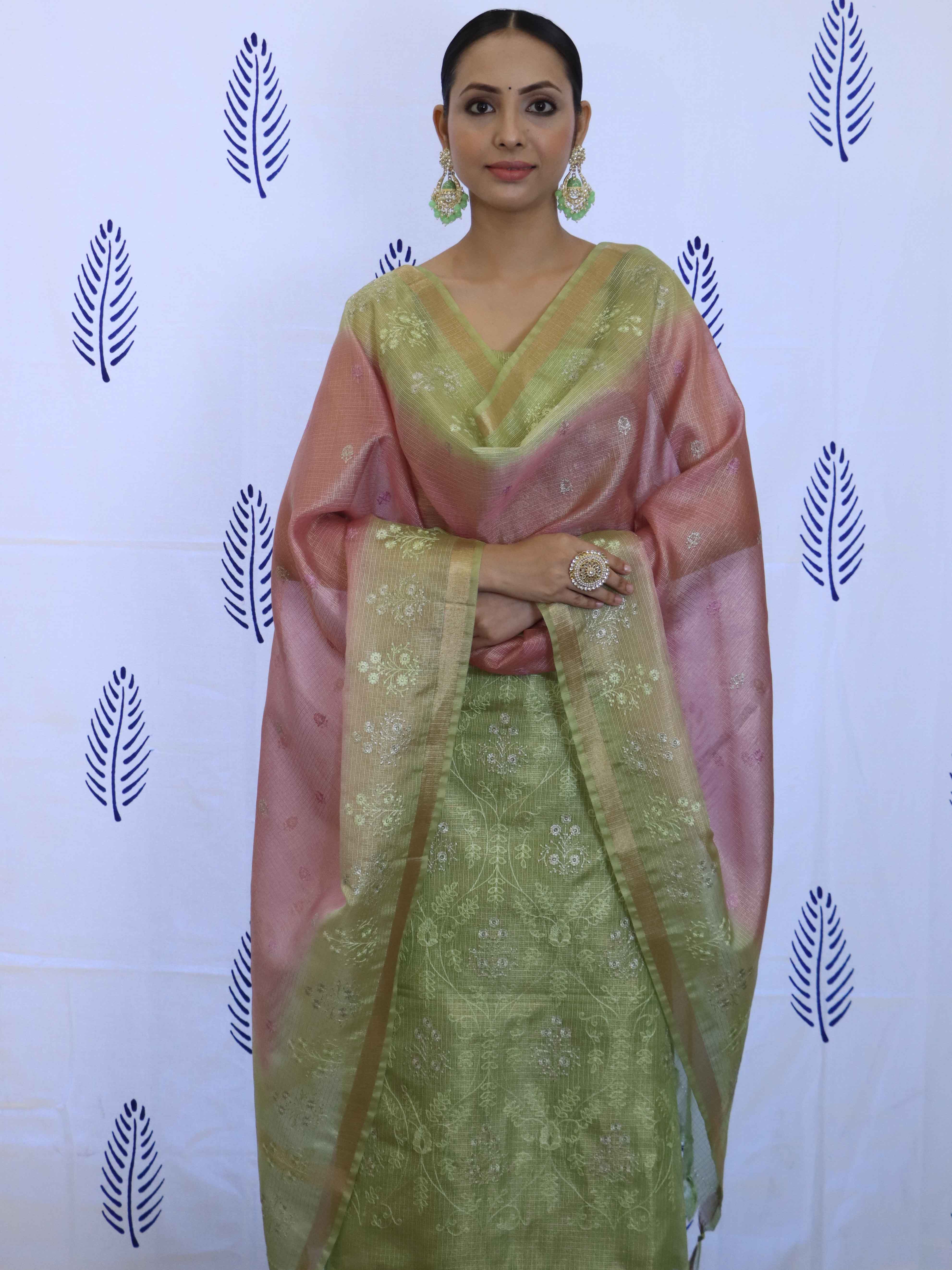 Banarasee Tissue Embroidered Salwar Kameez Fabric With Dupatta Set-Green & Pink