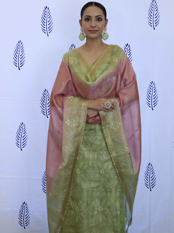 Banarasee Tissue Embroidered Salwar Kameez Fabric With Dupatta Set-Green & Pink