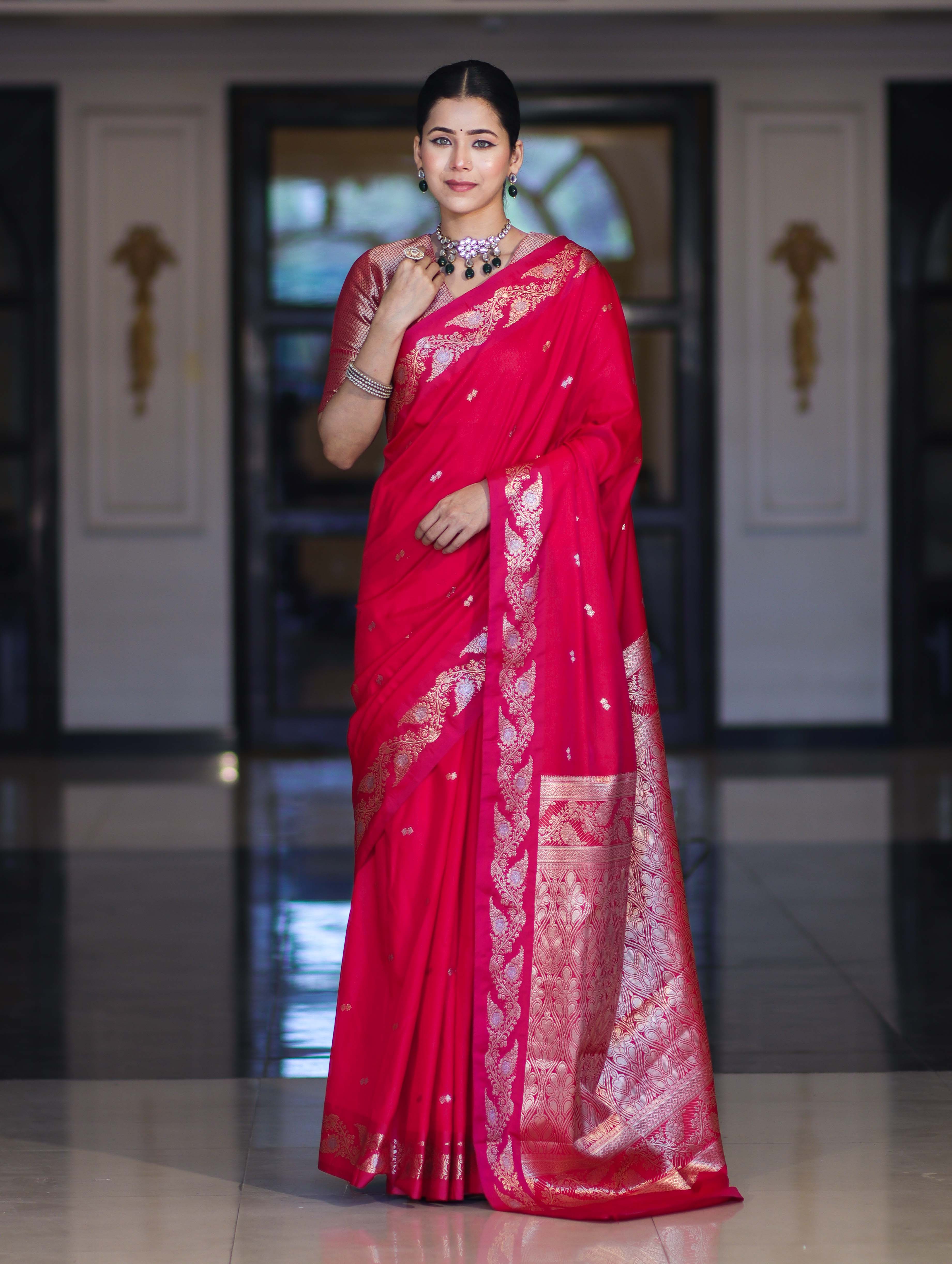 Banarasee Handloom Semi Silk Saree With Sona Rupa Zari Buti Design & Floral Border-Fuchsia Pink