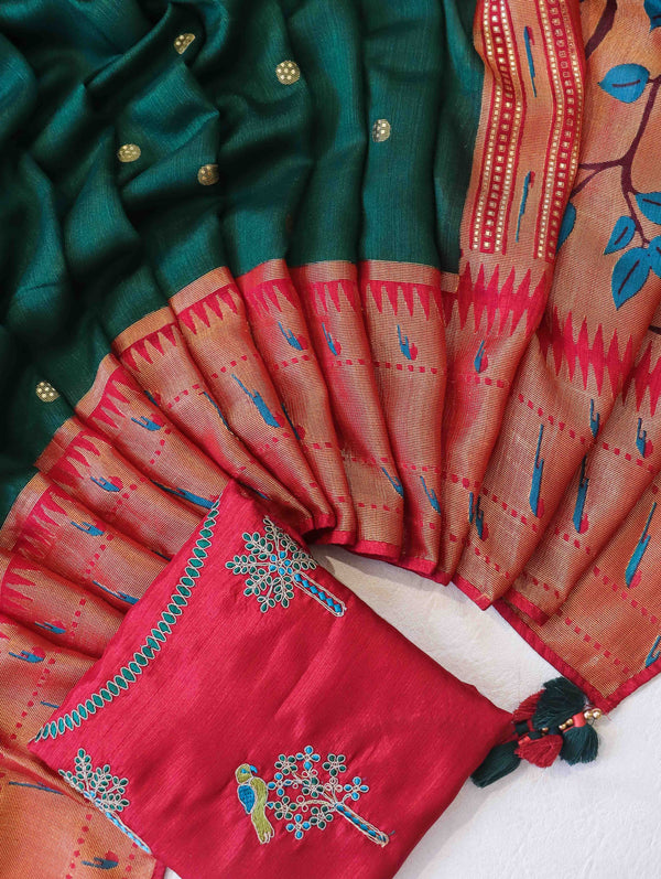 Banarasee Brasso Silk Paithani Saree With Contrast Border & Embroidered Blouse-Deep Green & Maroon