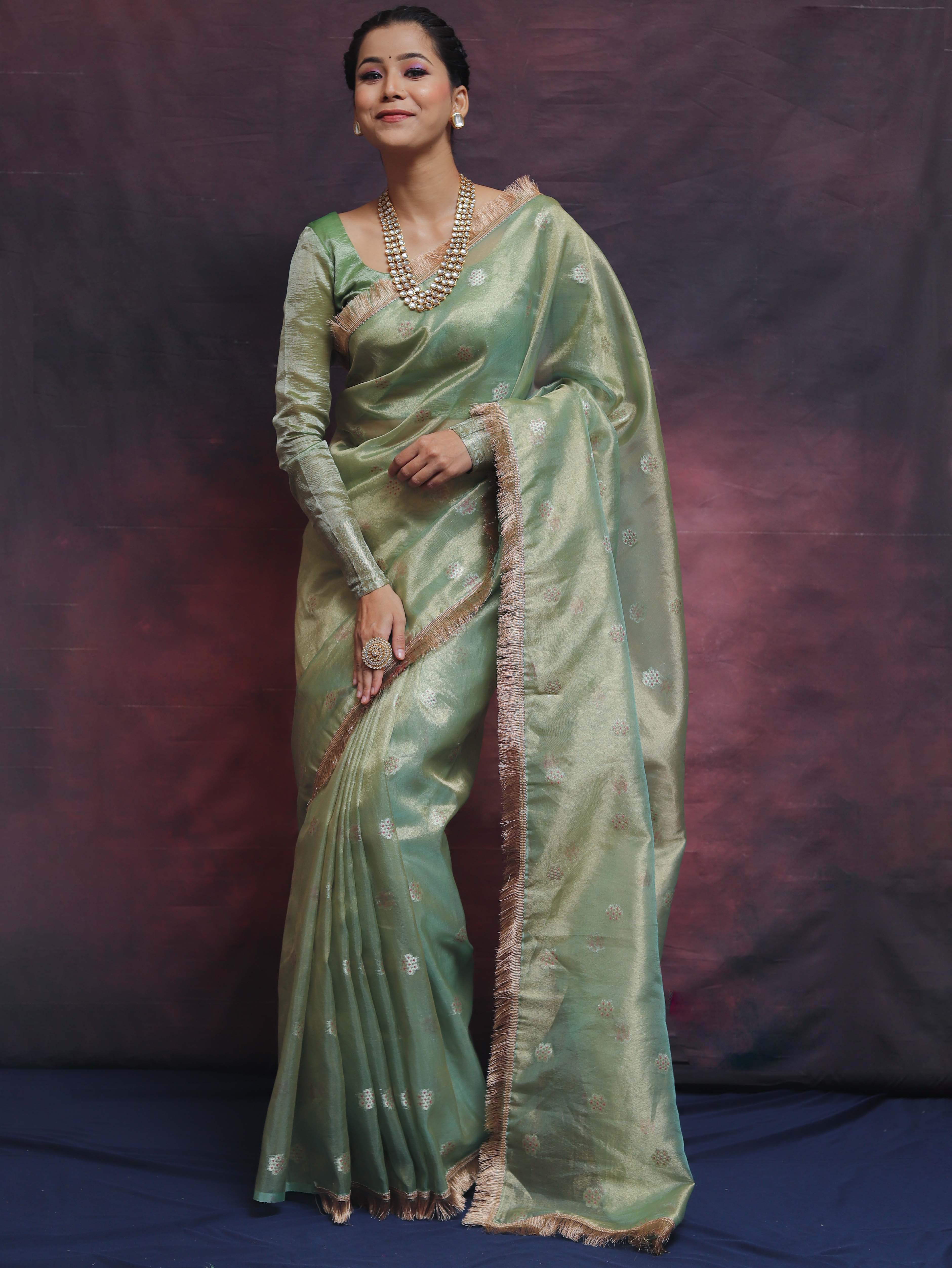 Banarasee Handwoven Tissue Saree Zari Buti With Lace-Light Green