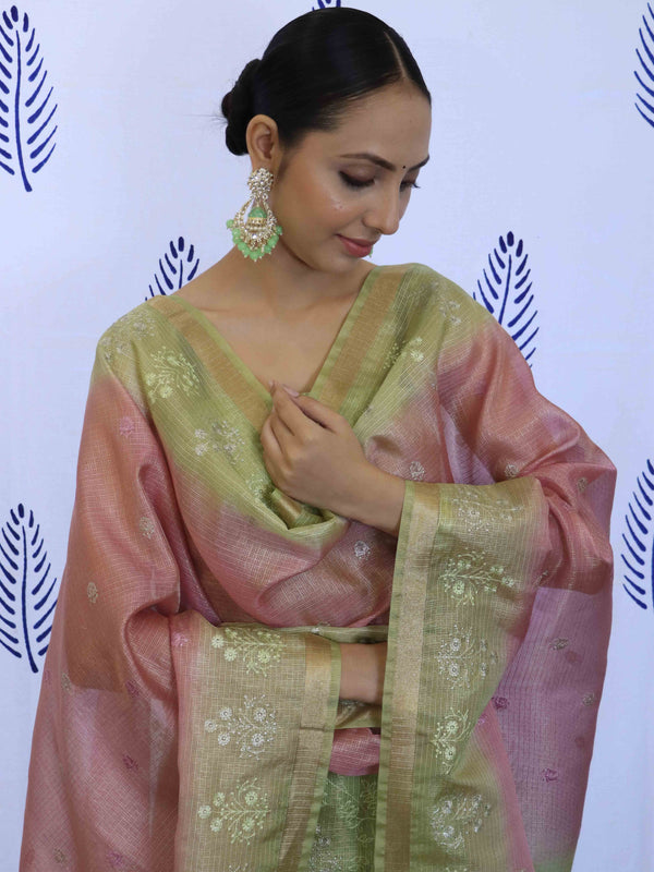 Banarasee Tissue Embroidered Salwar Kameez Fabric With Dupatta Set-Green & Pink