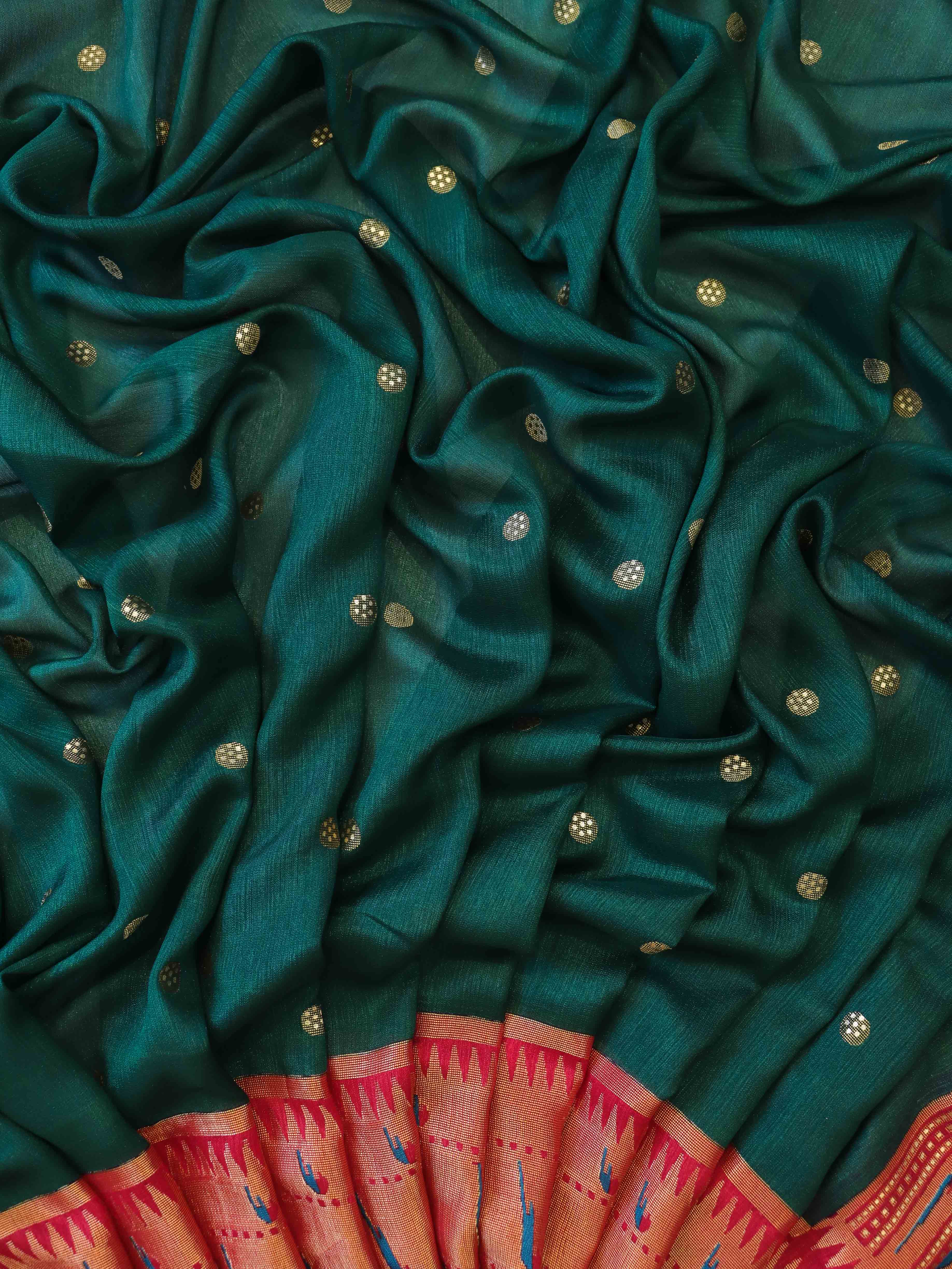 Banarasee Brasso Silk Paithani Saree With Contrast Border & Embroidered Blouse-Deep Green & Maroon