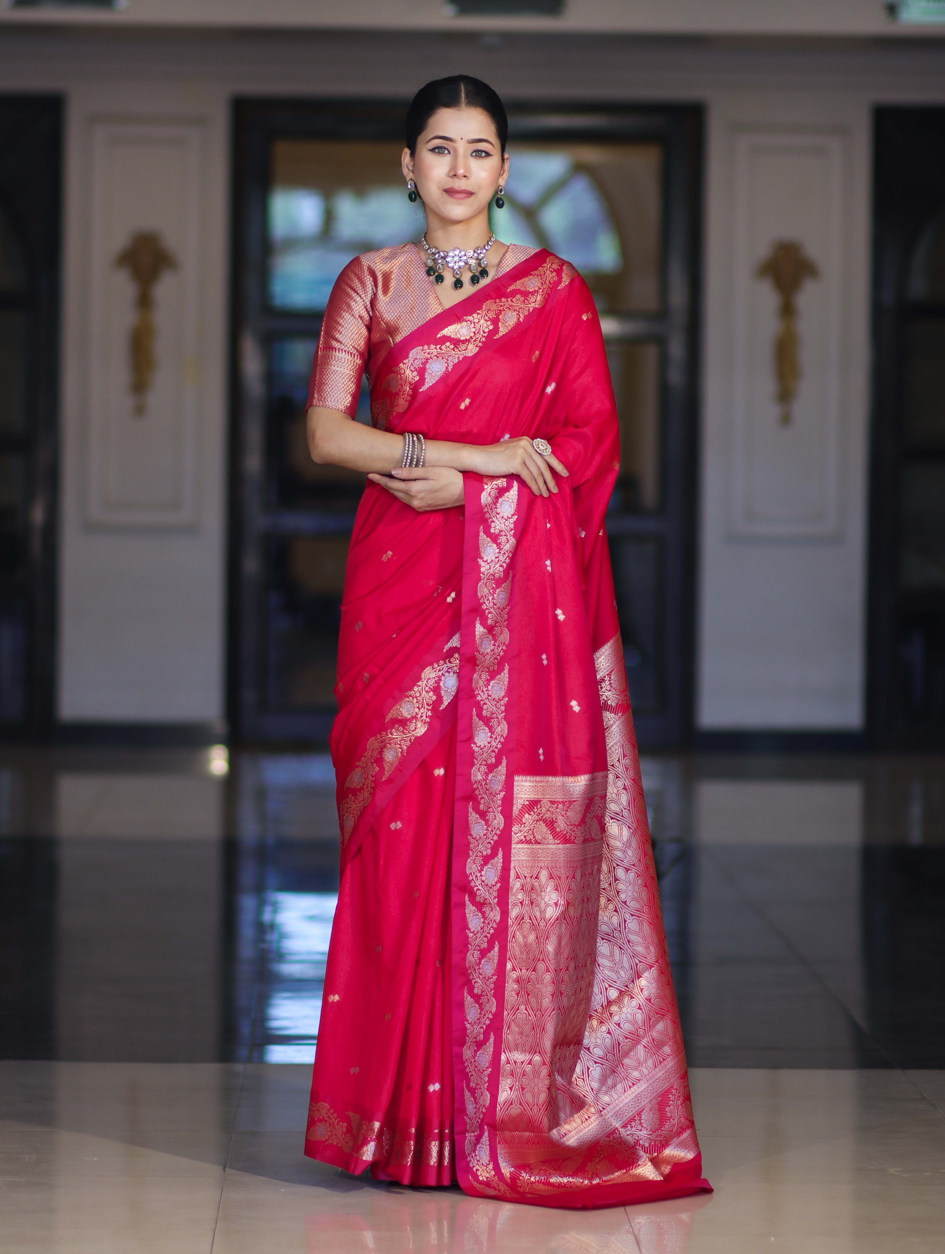 Banarasee Handloom Semi Silk Saree With Sona Rupa Zari Buti Design & Floral Border-Fuchsia Pink