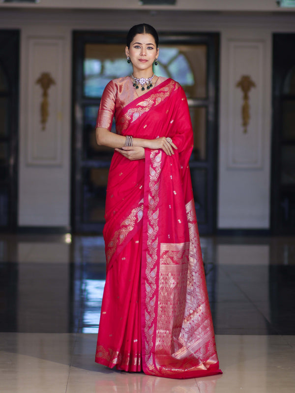 Banarasee Handloom Semi Silk Saree With Sona Rupa Zari Buti Design & Floral Border-Fuchsia Pink