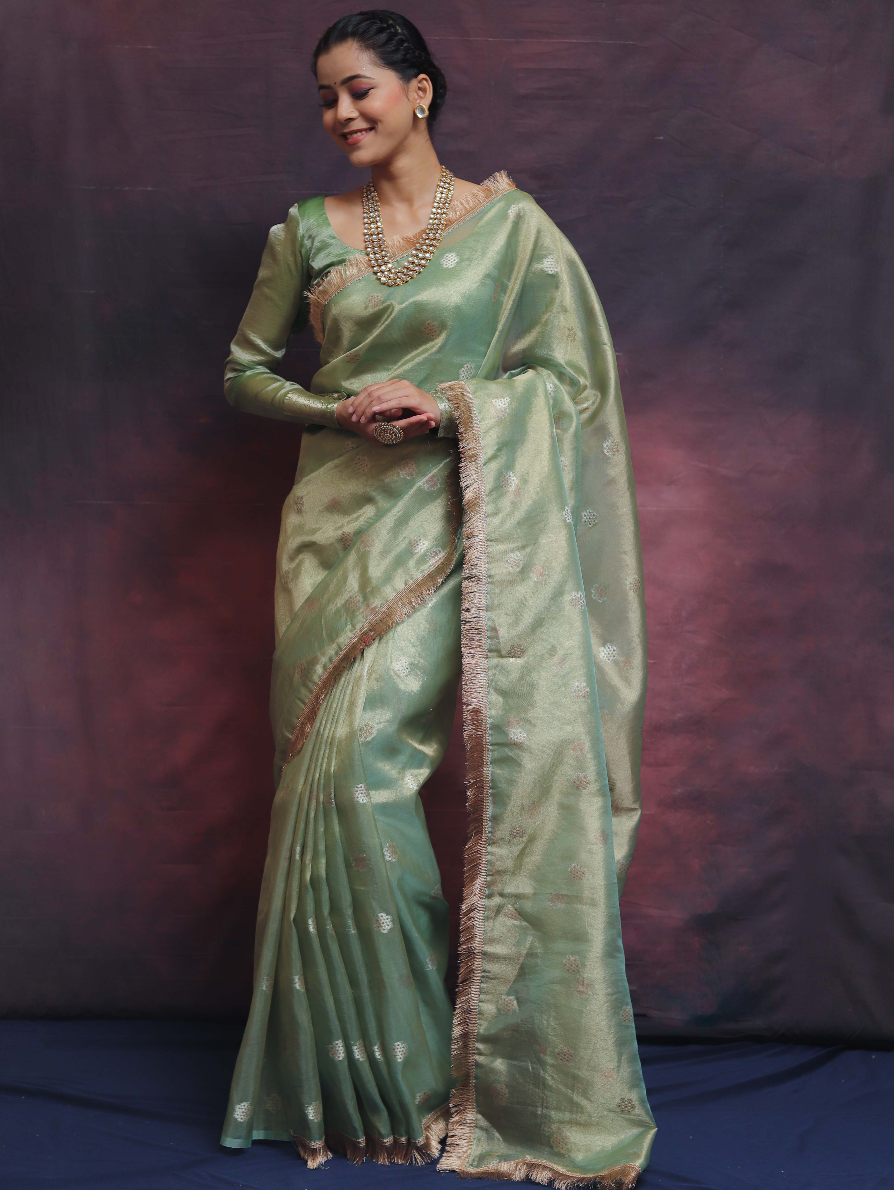 Banarasee Handwoven Tissue Saree Zari Buti With Lace-Light Green