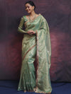 Banarasee Handwoven Tissue Saree Zari Buti With Lace-Light Green