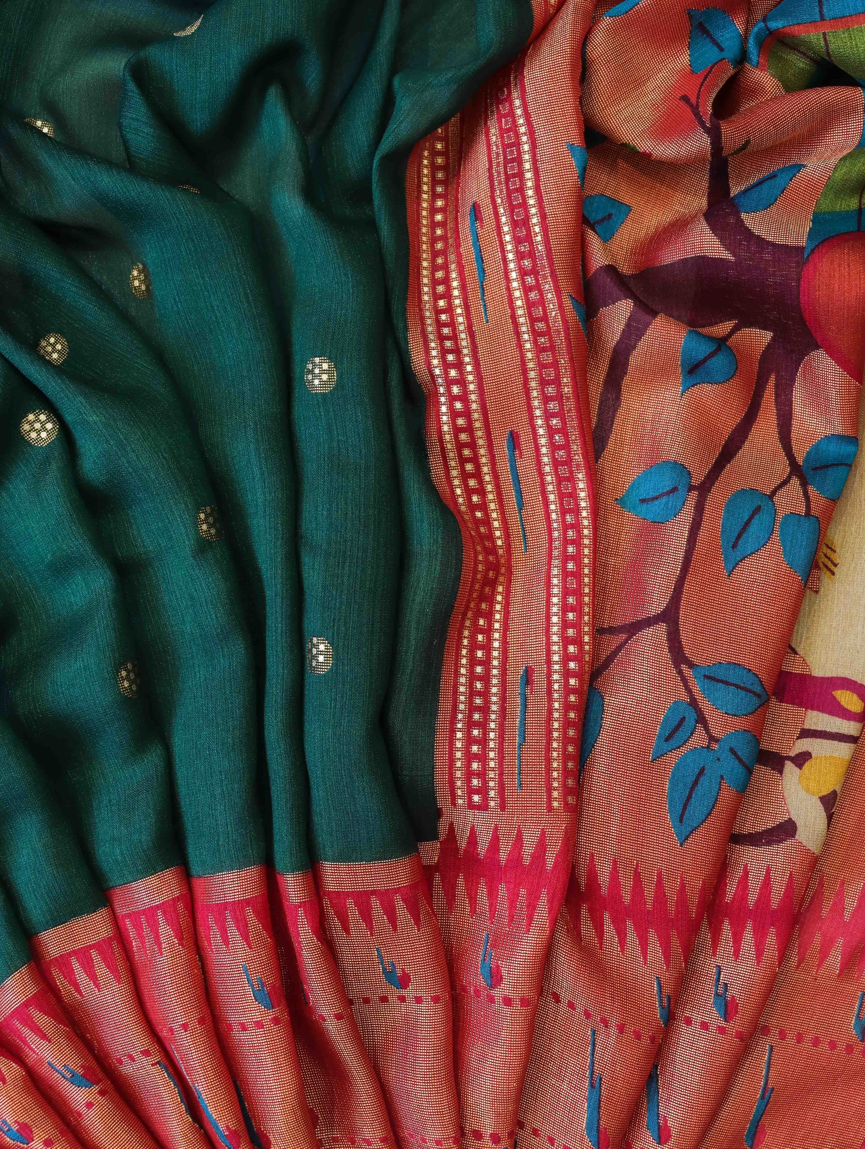 Banarasee Brasso Silk Paithani Saree With Contrast Border & Embroidered Blouse-Deep Green & Maroon