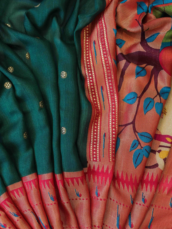 Banarasee Brasso Silk Paithani Saree With Contrast Border & Embroidered Blouse-Deep Green & Maroon