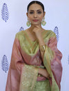 Banarasee Tissue Embroidered Salwar Kameez Fabric With Dupatta Set-Green & Pink