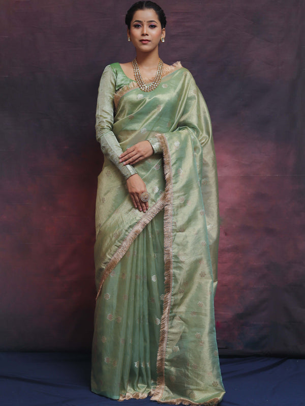 Banarasee Handwoven Tissue Saree Zari Buti With Lace-Light Green