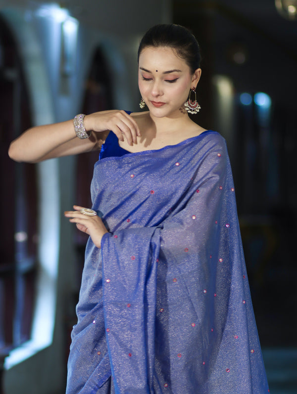 Banarasee Handwoven Semi Silk Shine Saree With Mirror Work-Blue