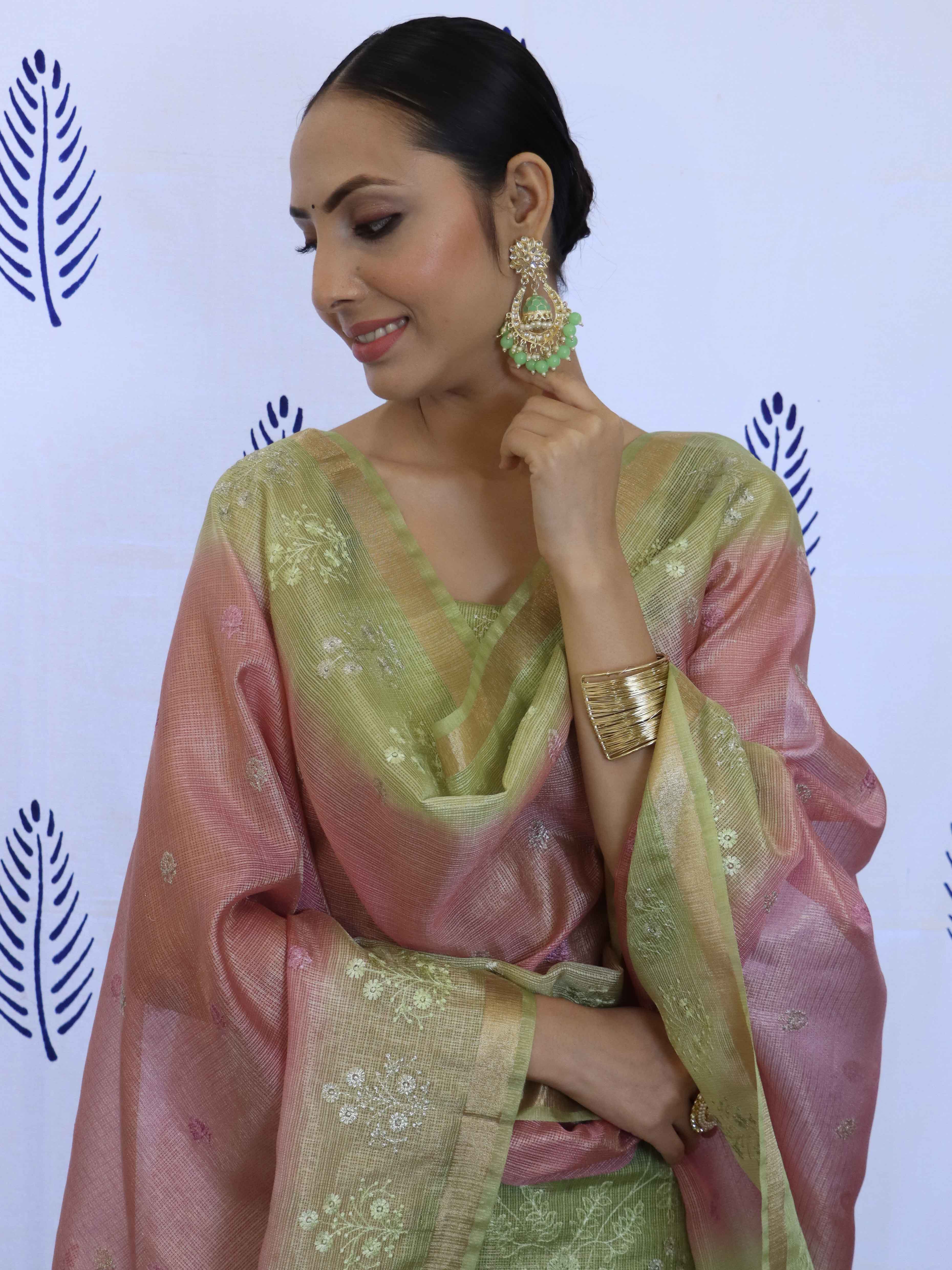 Banarasee Tissue Embroidered Salwar Kameez Fabric With Dupatta Set-Green & Pink
