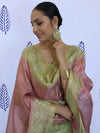 Banarasee Tissue Embroidered Salwar Kameez Fabric With Dupatta Set-Green & Pink