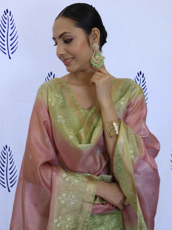 Banarasee Tissue Embroidered Salwar Kameez Fabric With Dupatta Set-Green & Pink