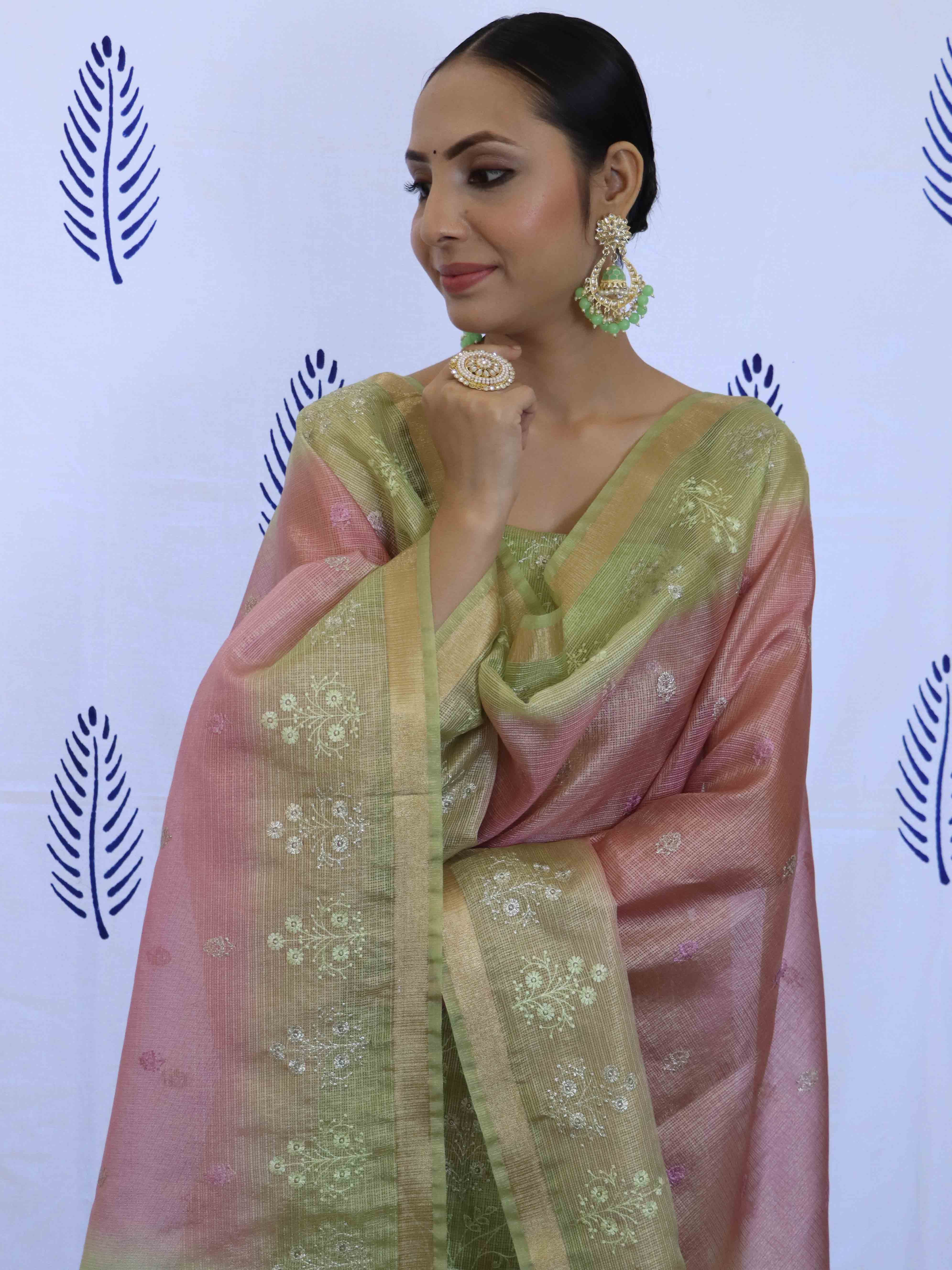 Banarasee Tissue Embroidered Salwar Kameez Fabric With Dupatta Set-Green & Pink