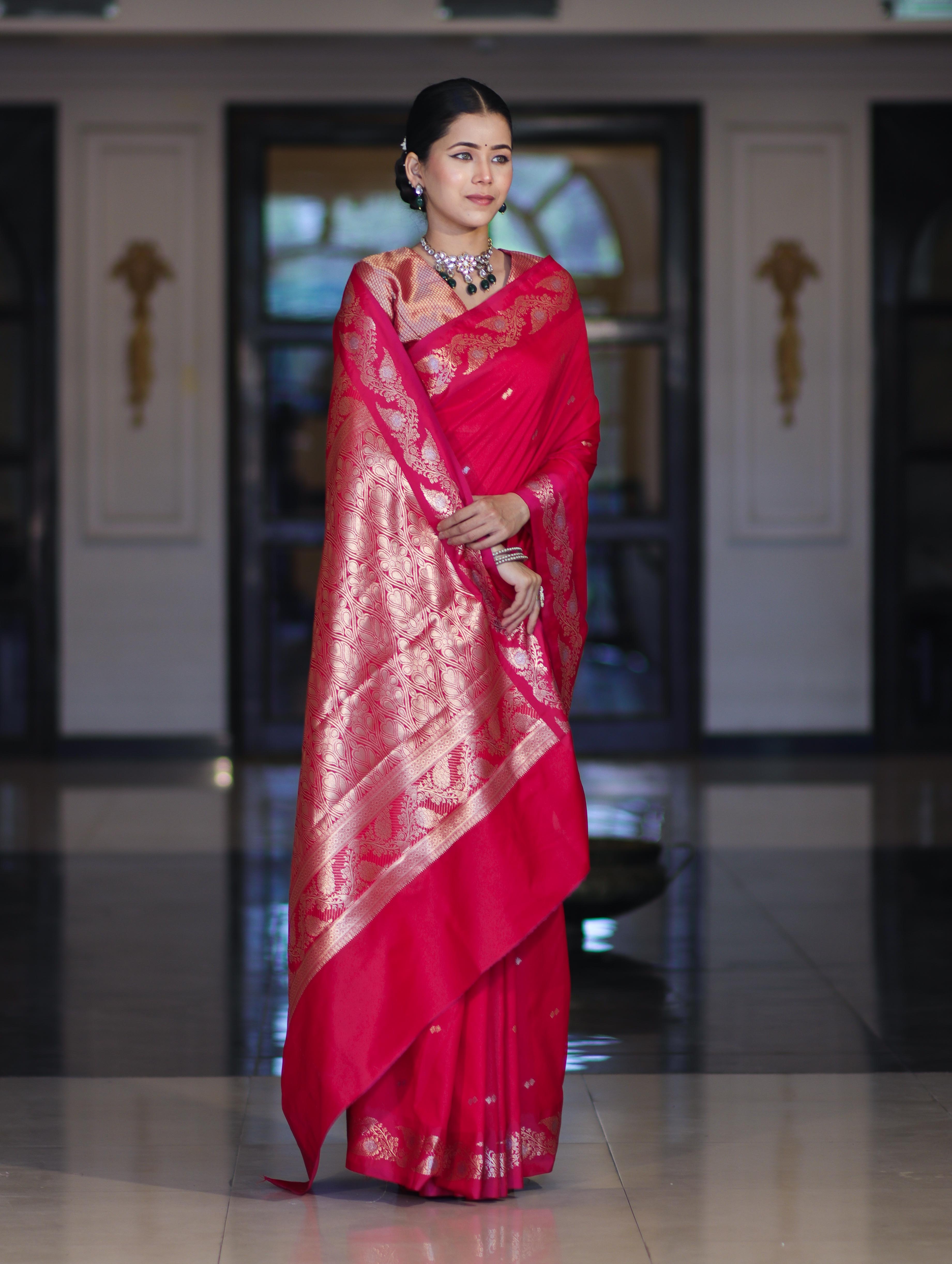 Banarasee Handloom Semi Silk Saree With Sona Rupa Zari Buti Design & Floral Border-Fuchsia Pink