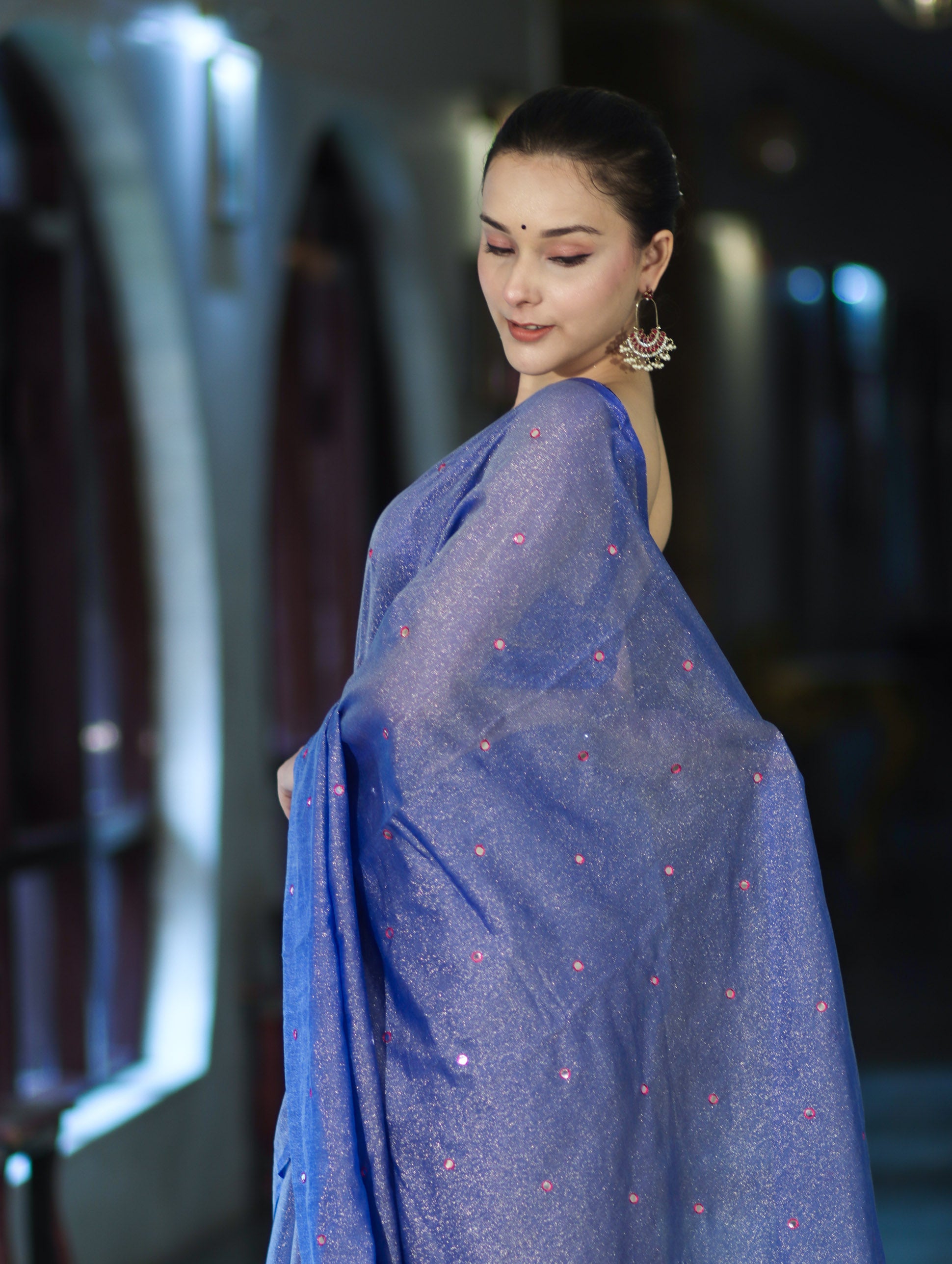 Banarasee Handwoven Semi Silk Shine Saree With Mirror Work-Blue