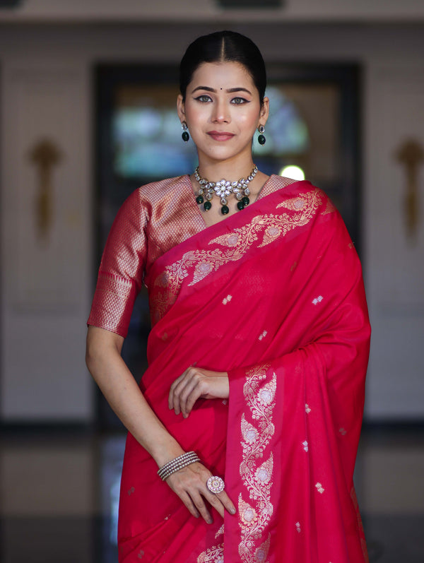 Banarasee Handloom Semi Silk Saree With Sona Rupa Zari Buti Design & Floral Border-Fuchsia Pink