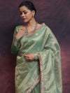 Banarasee Handwoven Tissue Saree Zari Buti With Lace-Light Green