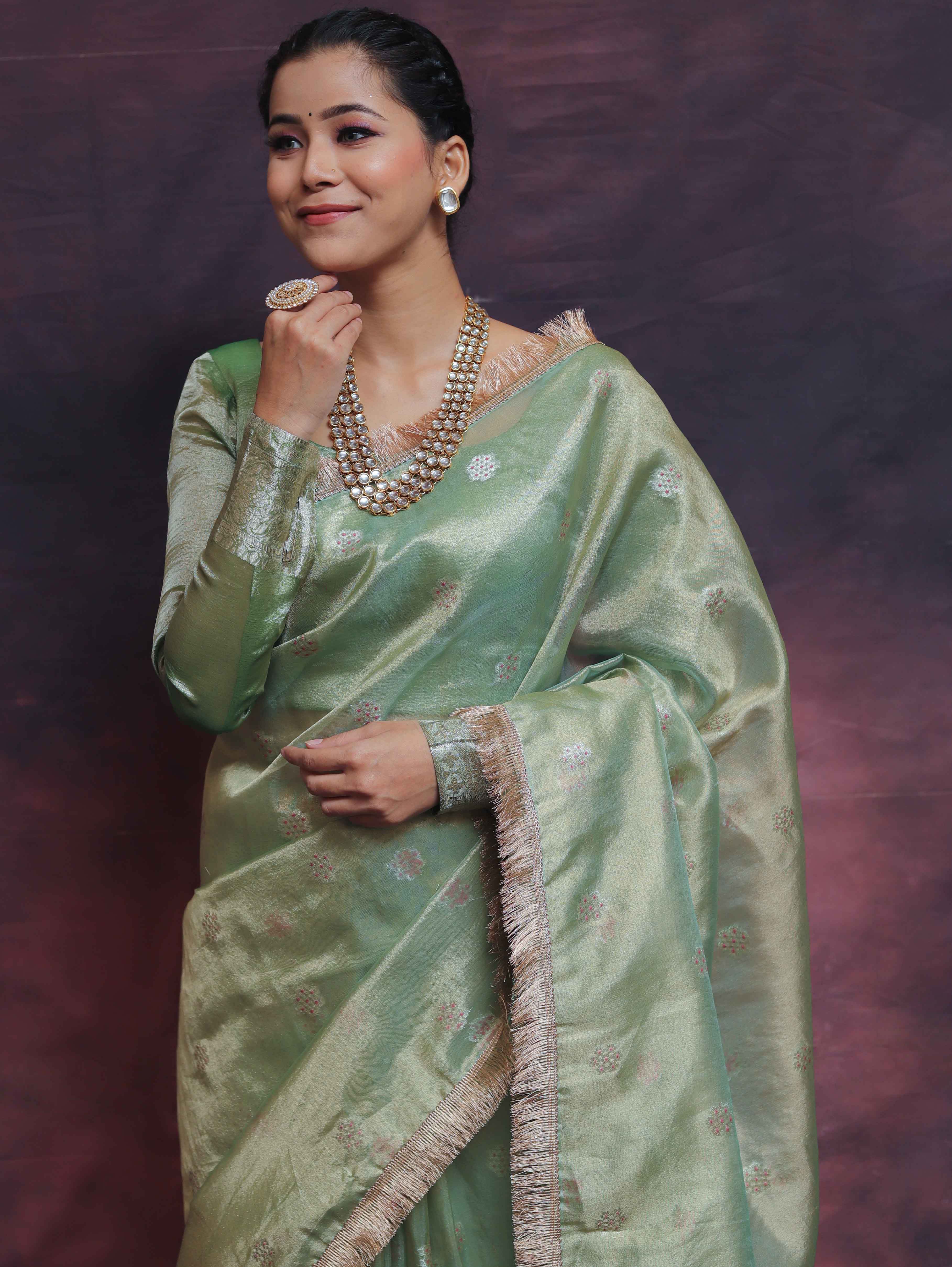Banarasee Handwoven Tissue Saree Zari Buti With Lace-Light Green