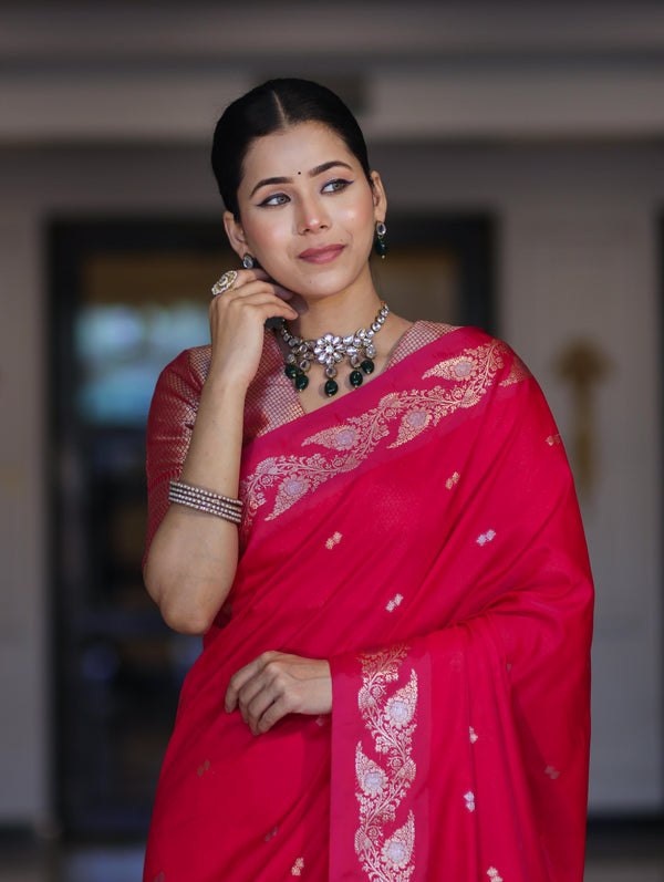 Banarasee Handloom Semi Silk Saree With Sona Rupa Zari Buti Design & Floral Border-Fuchsia Pink
