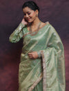 Banarasee Handwoven Tissue Saree Zari Buti With Lace-Light Green