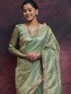 Banarasee Handwoven Tissue Saree Zari Buti With Lace-Light Green