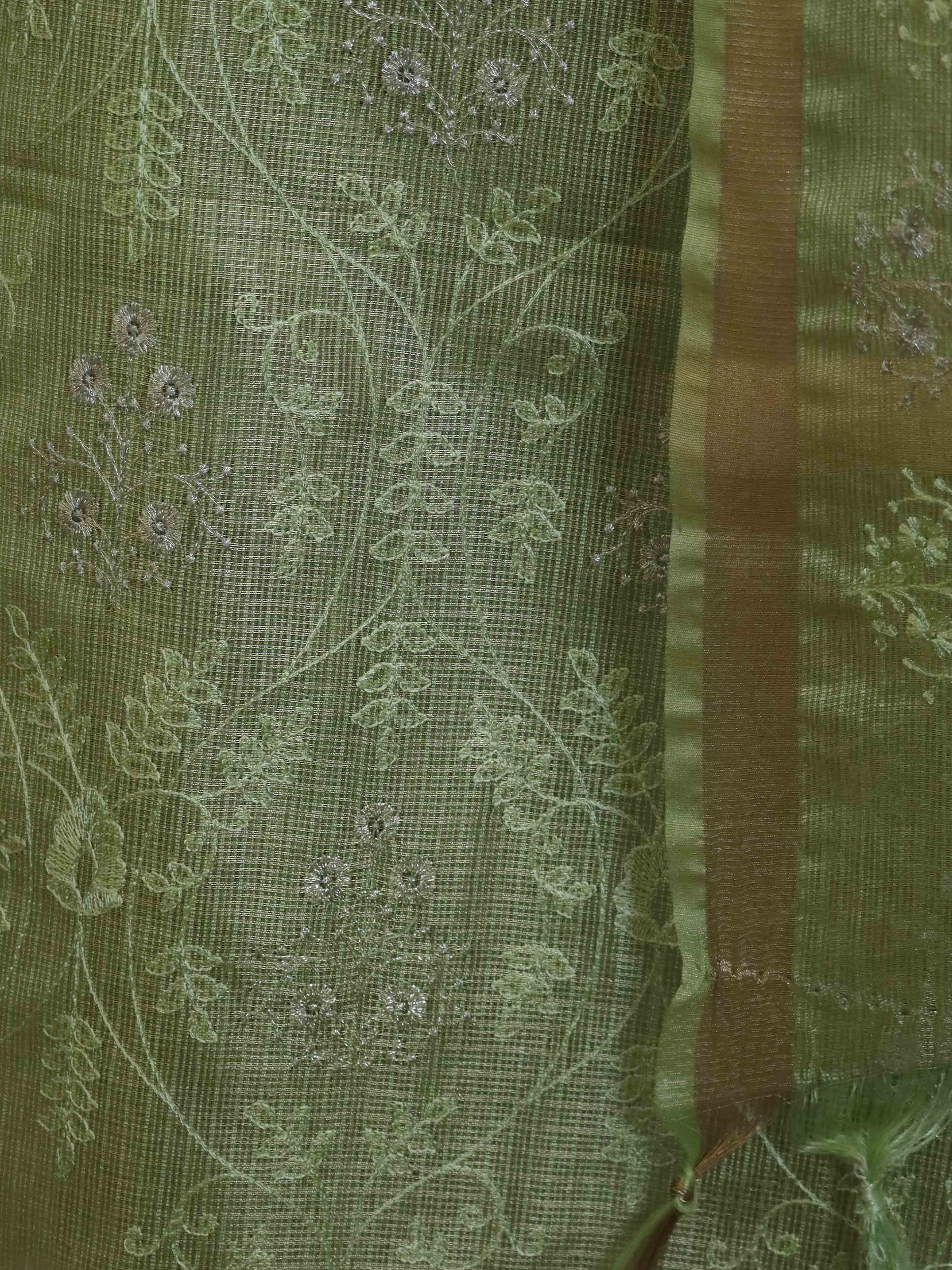 Banarasee Tissue Embroidered Salwar Kameez Fabric With Dupatta Set-Green & Pink
