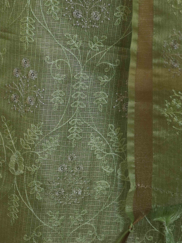 Banarasee Tissue Embroidered Salwar Kameez Fabric With Dupatta Set-Green & Pink